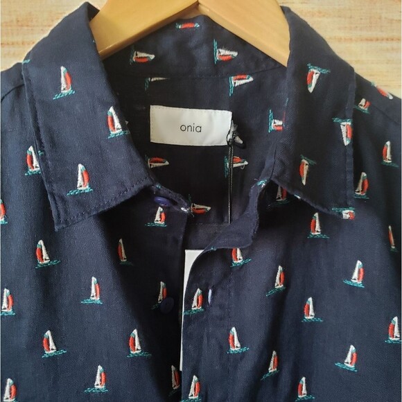 Onia 100% Linen Samuel Embroidered Sailboat Short Sleeve Buttondown Blue Shirt - Picture 6 of 12